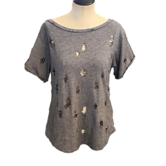 WOMENS Navy & white striped holey tee size Medium. - Picture 1 of 13